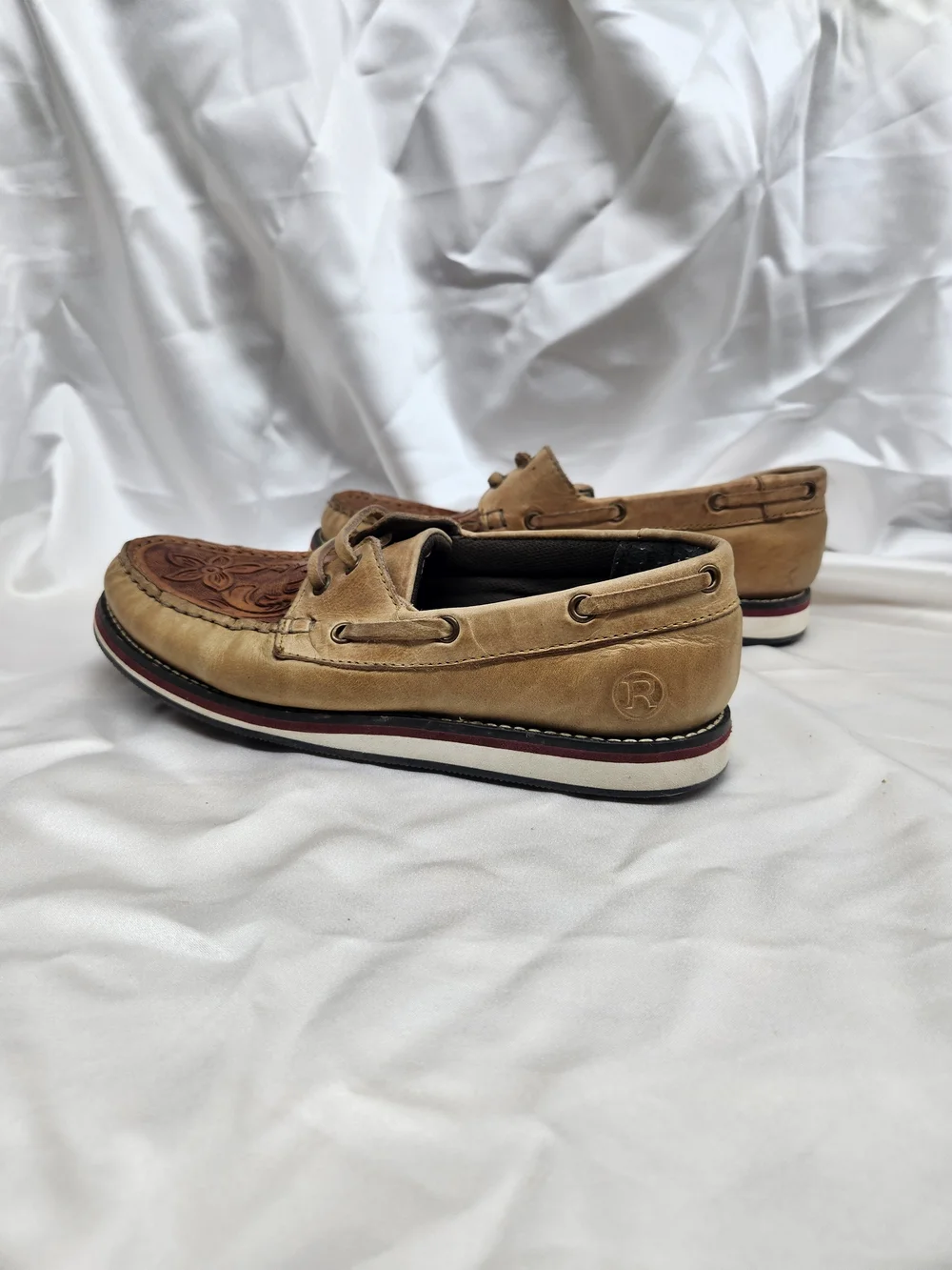 Roper Two-Tone Floral Embossed Leather Boat Shoes - Tan/Brown